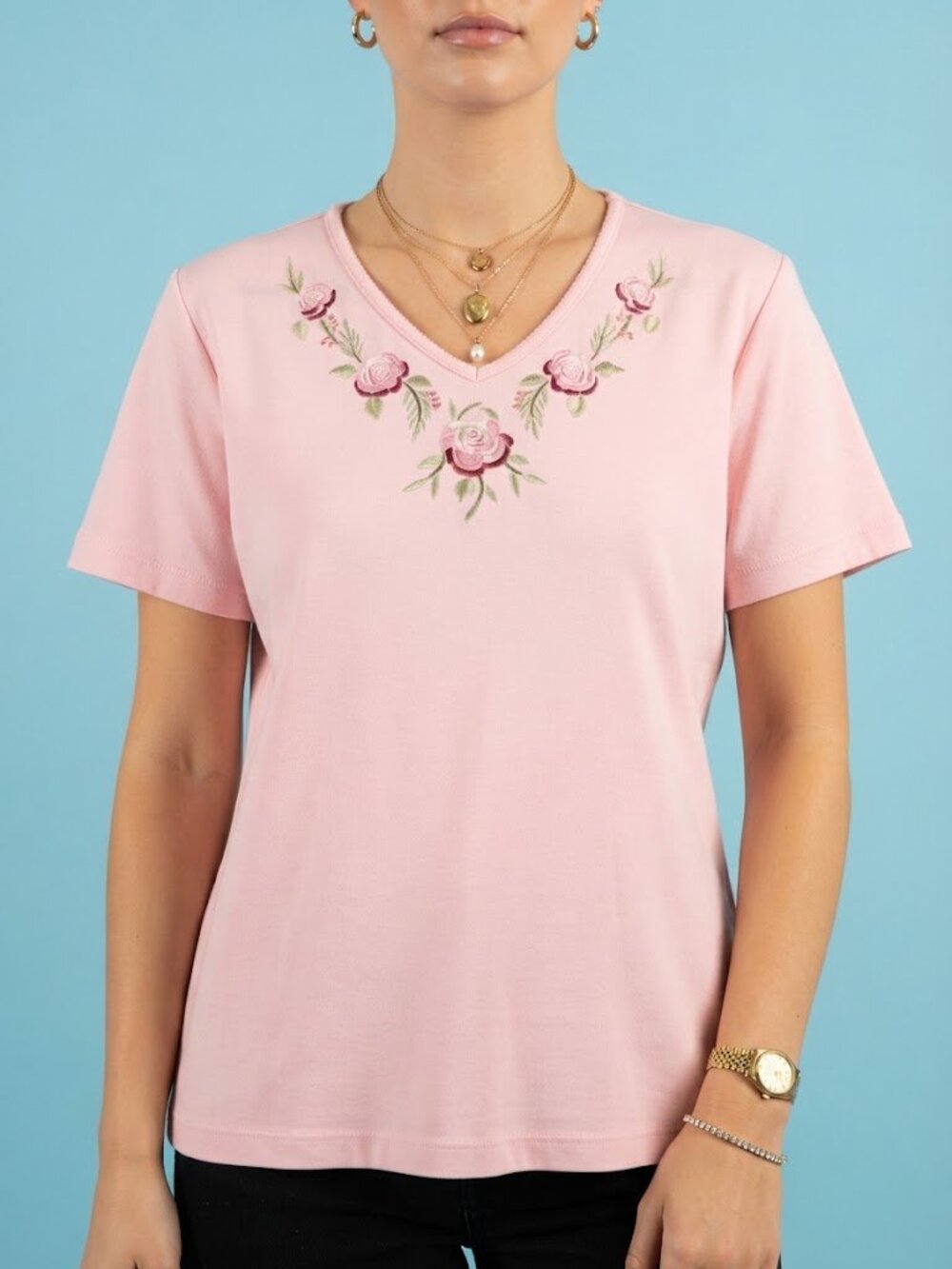 Light Pink V-Neck Embroidered Tee